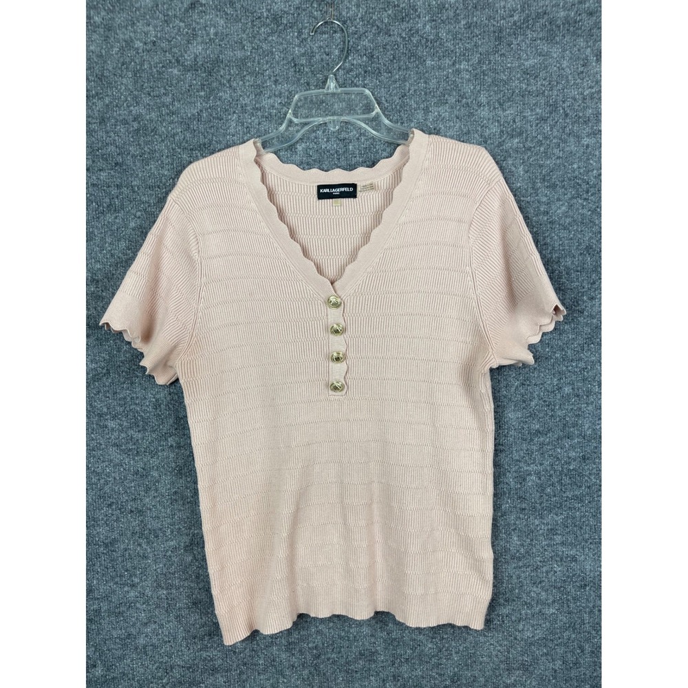 Karl Lagerfeld Knit Top Women XL Pink‎ Scalloped V-Neck Gold Button Ribbed